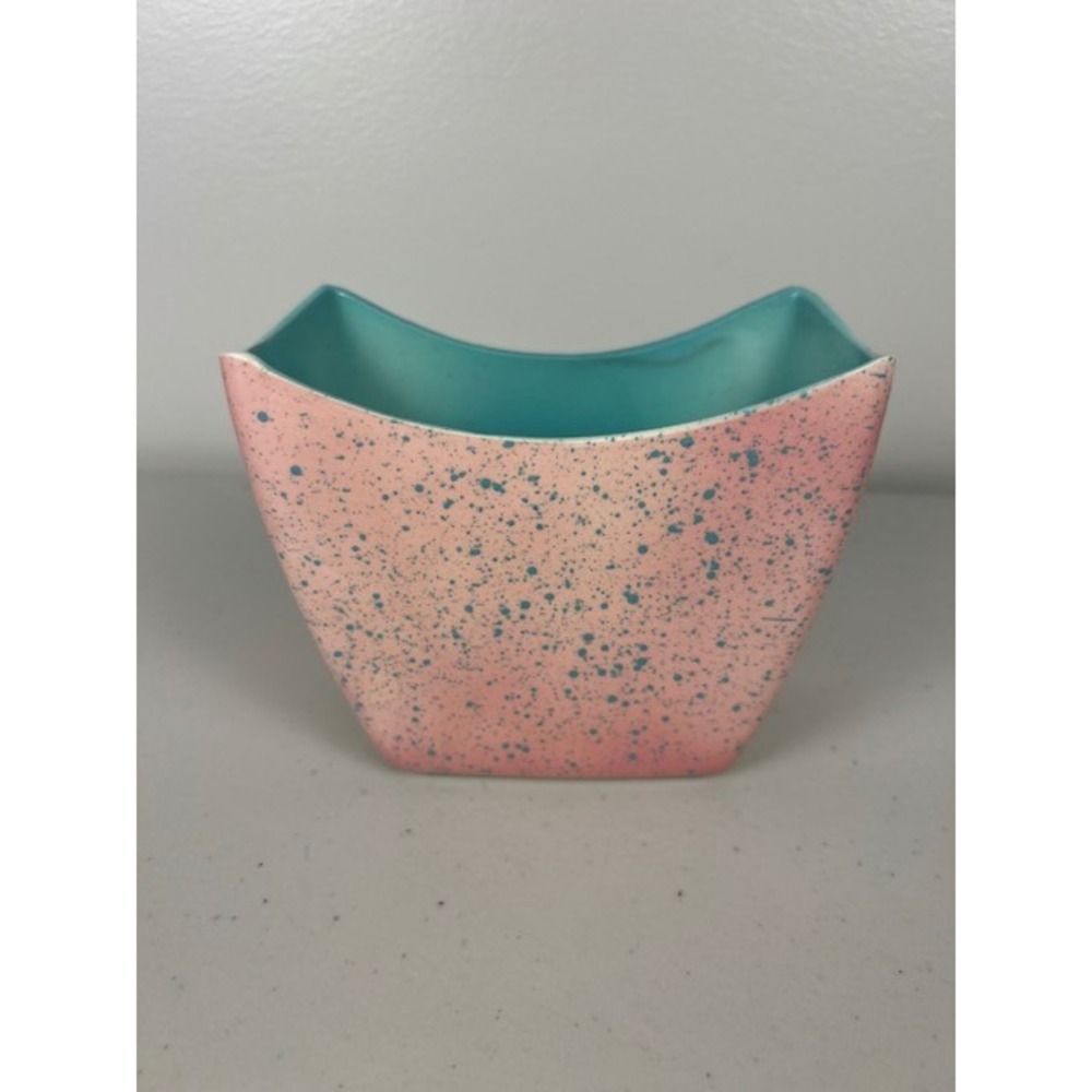 Vintage Mid Century Modern Pink Teal Speckled Ceramic Planter Vase 4.25in